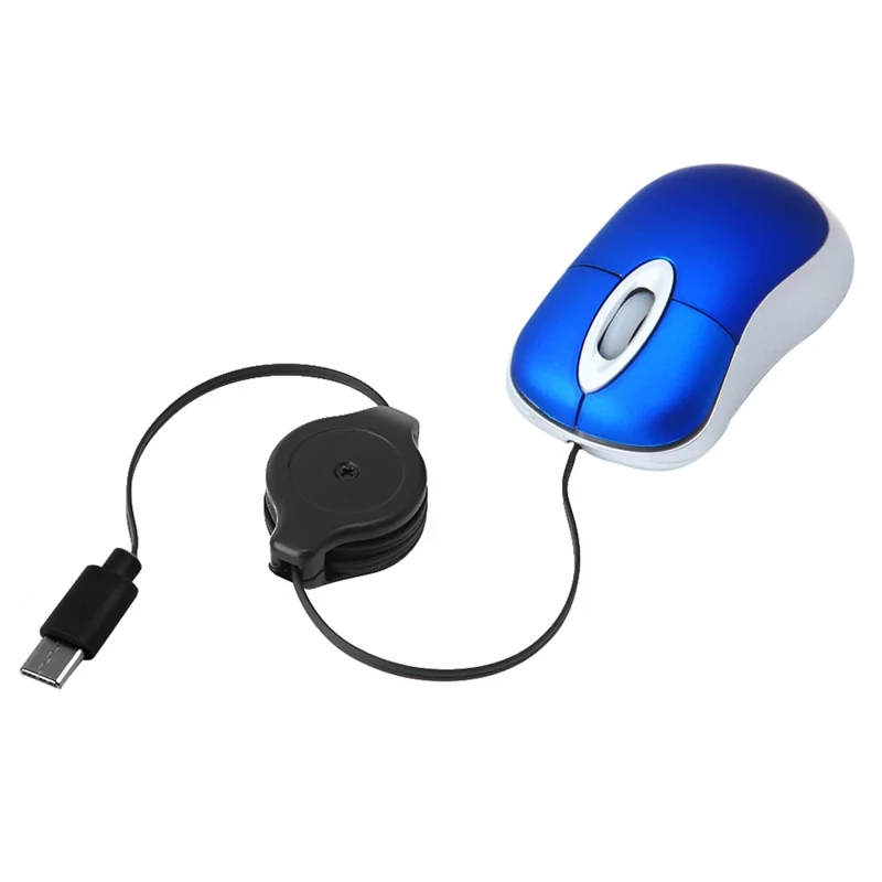 Portable Retractable USB-C Cable Mini Mouse Children Compact Wired Optical Mouse - Blue