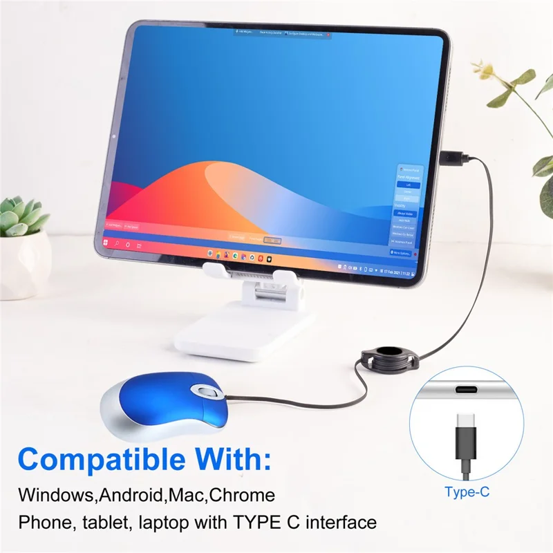 Portable Retractable USB-C Cable Mini Mouse Children Compact Wired Optical Mouse - Blue