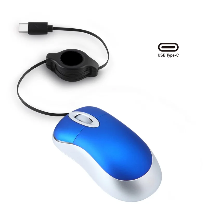Portable Retractable USB-C Cable Mini Mouse Children Compact Wired Optical Mouse - Blue