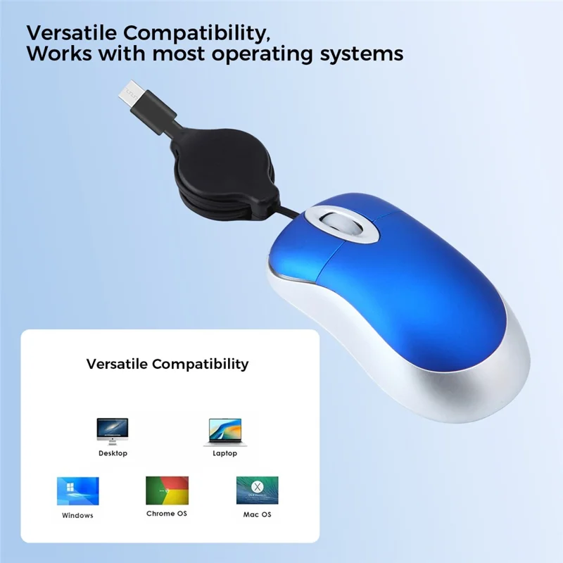 Portable Retractable USB-C Cable Mini Mouse Children Compact Wired Optical Mouse - Blue