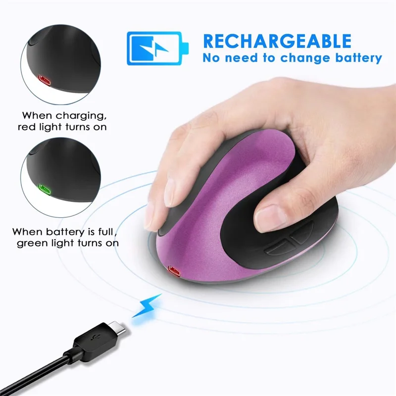 Rechargeable Ergonomic Vertical Mouse 2.4G / Bluetooth-Compatible Silent Wireless Mouse for Right Hand - Purple