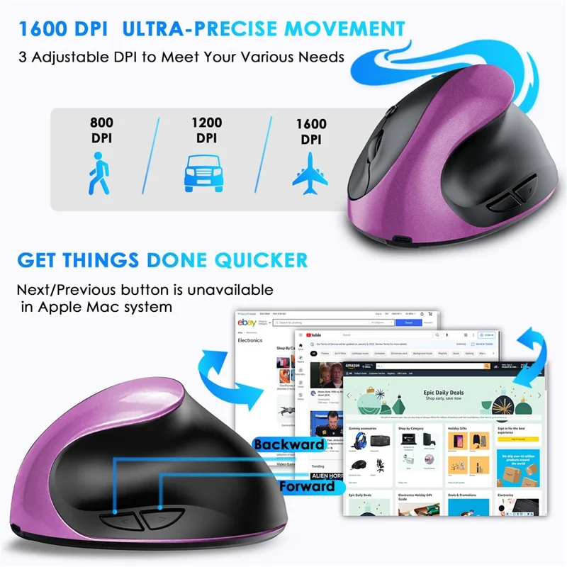 Rechargeable Ergonomic Vertical Mouse 2.4G / Bluetooth-Compatible Silent Wireless Mouse for Right Hand - Purple