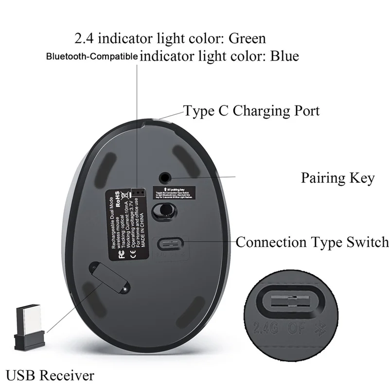 Rechargeable Ergonomic Vertical Mouse 2.4G / Bluetooth-Compatible Silent Wireless Mouse for Right Hand - Purple