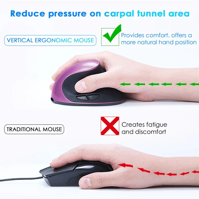 Rechargeable Ergonomic Vertical Mouse 2.4G / Bluetooth-Compatible Silent Wireless Mouse for Right Hand - Purple