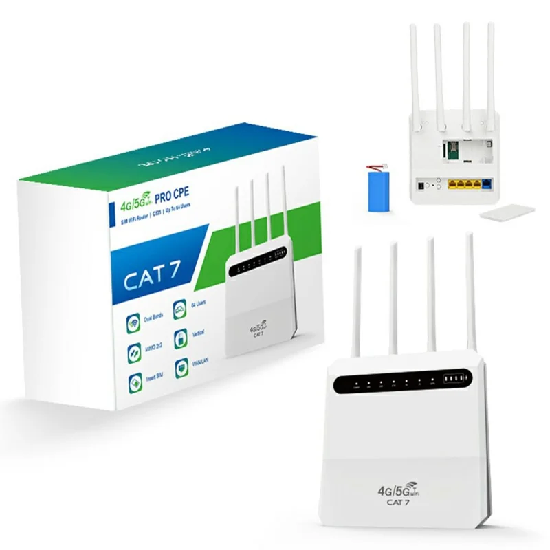 C521-E Cat7 4G Wireless Router 5 LAN Ports WiFi Hotspot with SIM Card Slot, Eurasian Version (with 4000mAh Battery) - US Plug