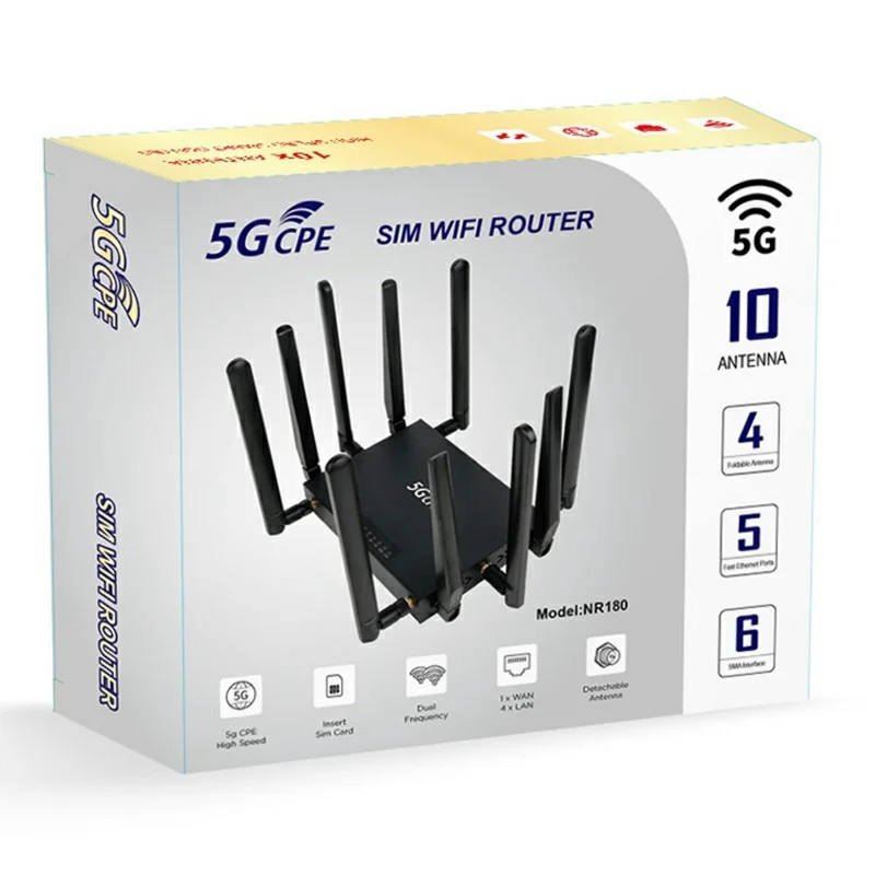 NR180 Eurasian Version Gigabit WiFi 6 Dual Band 2.4G+5.8G Router Dual SIM CPE 10 Antenna 5G Router - US Plug