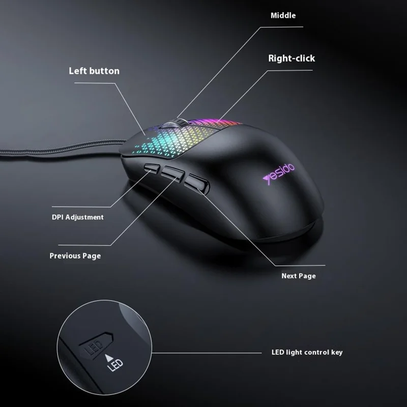 YESIDO KB32 Wired Lightweight RGB Gaming Mouse 7200 DPI 7 Buttons Computer Gamer Mouse