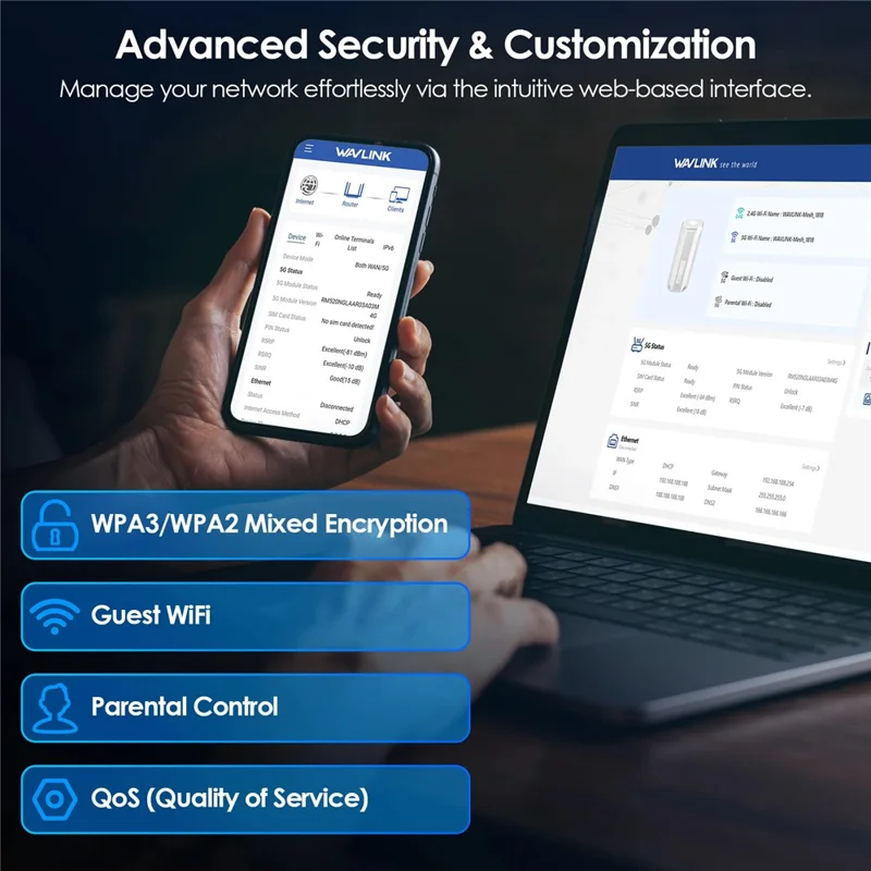 WAVLINK WL-WNF100X3NR-B 5G NR CPE Router WiFi 6 Mesh Dual Band with Nano SIM Slot for Home Office, Global Version / US Plug