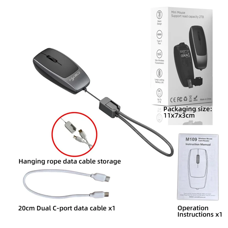 HXSJ M109 2 in 1 voor Windows / MacOS / Linux 3 DPI Instelbare Bluetooth-compatibele Draadloze Muis TF Kaartlezer - Grijs