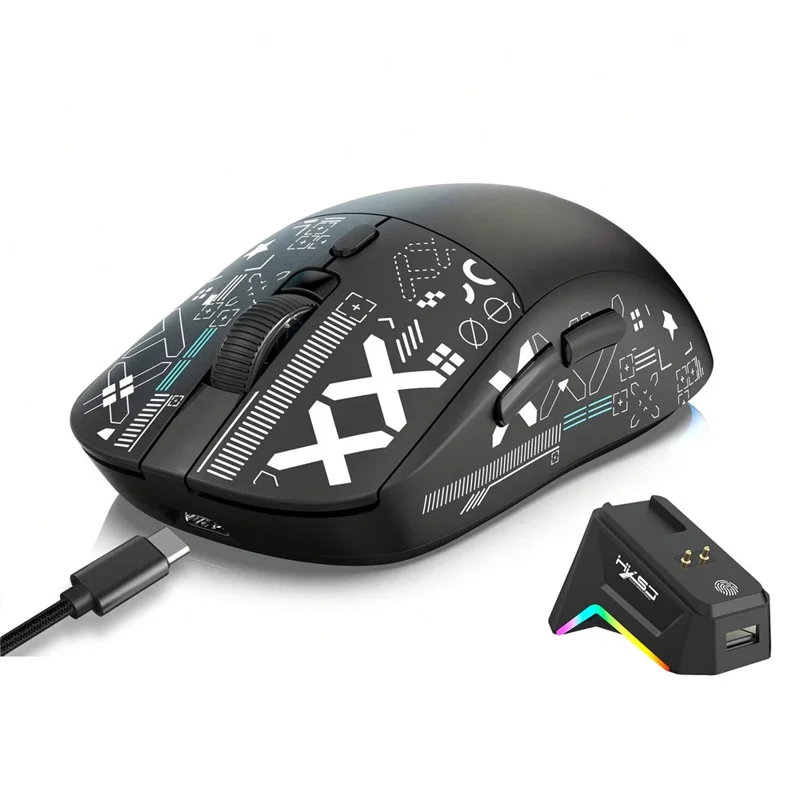 HXSJ T90 Pro Mouse da gioco a 3 modalità di connessione con dock di ricarica, retroilluminazione RGB wireless e silenzioso per PC / laptop - Nero