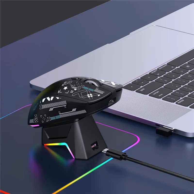 HXSJ T90 Pro Mouse da gioco a 3 modalità di connessione con dock di ricarica, retroilluminazione RGB wireless e silenzioso per PC / laptop - Nero