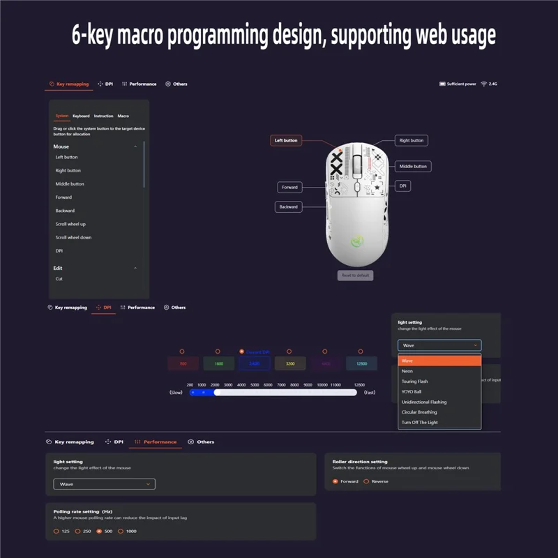 HXSJ T90 Pro Mouse da gioco a 3 modalità di connessione con dock di ricarica, retroilluminazione RGB wireless e silenzioso per PC / laptop - Nero