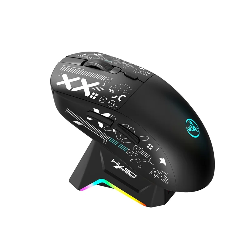HXSJ T90 Pro Mouse da gioco a 3 modalità di connessione con dock di ricarica, retroilluminazione RGB wireless e silenzioso per PC / laptop - Nero