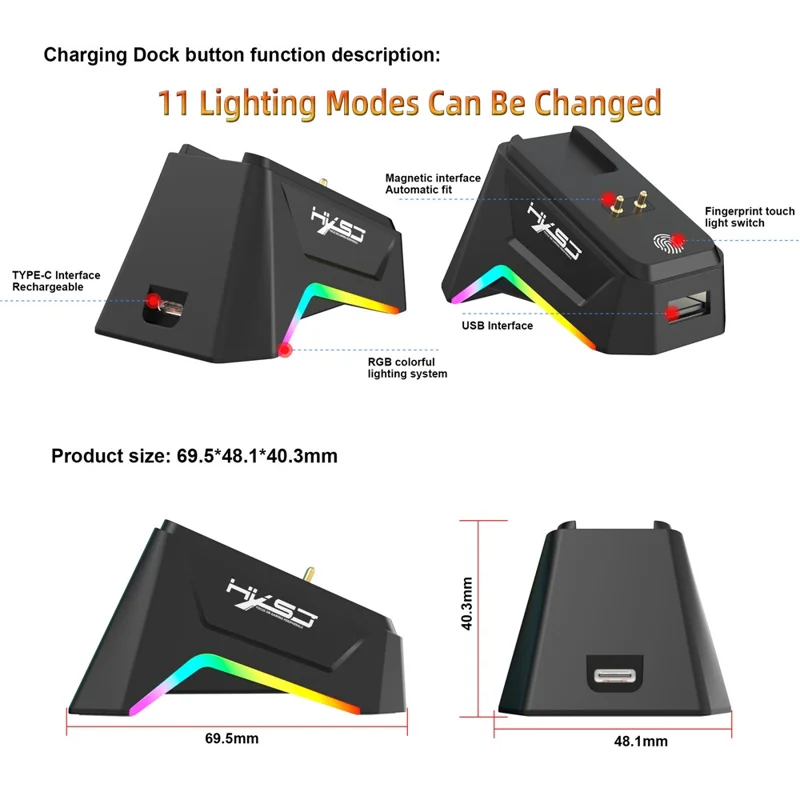 HXSJ T90 Pro Mouse da gioco a 3 modalità di connessione con dock di ricarica, retroilluminazione RGB wireless e silenzioso per PC / laptop - Nero