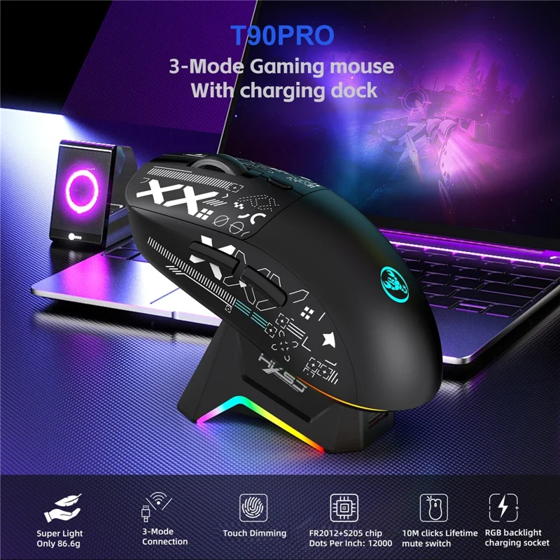 HXSJ T90 Pro Mouse da gioco a 3 modalità di connessione con dock di ricarica, retroilluminazione RGB wireless e silenzioso per PC / laptop - Nero