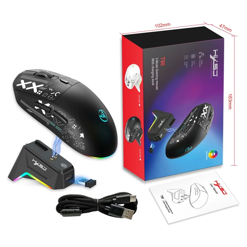 HXSJ T90 Pro Mouse da gioco a 3 modalità di connessione con dock di ricarica, retroilluminazione RGB wireless e silenzioso per PC / laptop - Nero