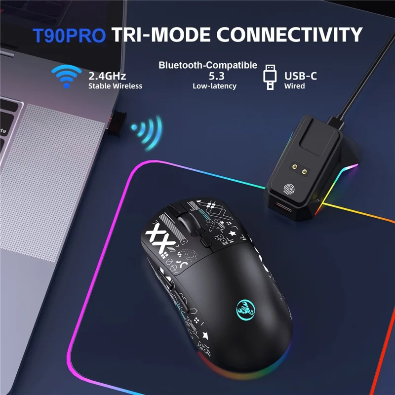 HXSJ T90 Pro Mouse da gioco a 3 modalità di connessione con dock di ricarica, retroilluminazione RGB wireless e silenzioso per PC / laptop - Nero