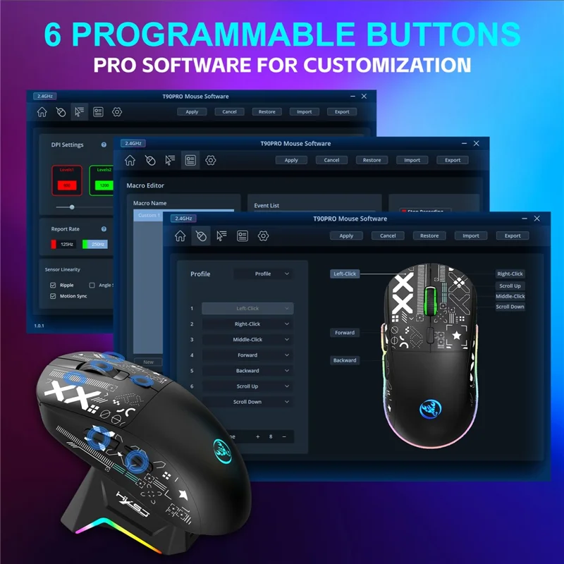HXSJ T90 Pro Mouse da gioco a 3 modalità di connessione con dock di ricarica, retroilluminazione RGB wireless e silenzioso per PC / laptop - Nero