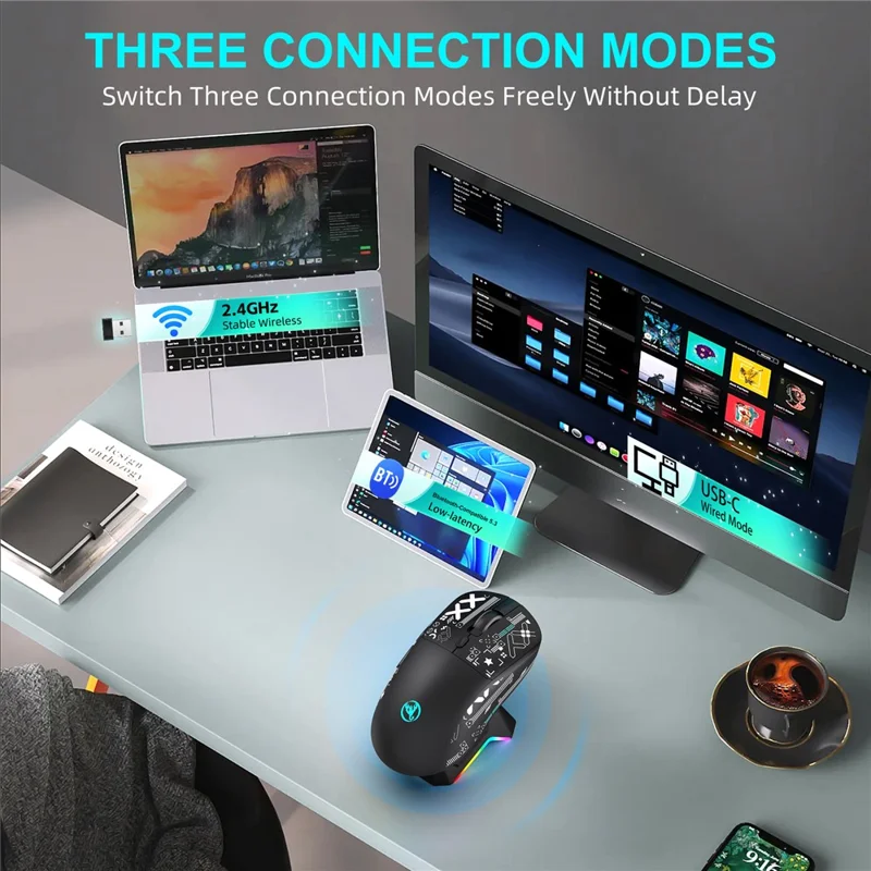 HXSJ T90 Pro Mouse da gioco a 3 modalità di connessione con dock di ricarica, retroilluminazione RGB wireless e silenzioso per PC / laptop - Nero