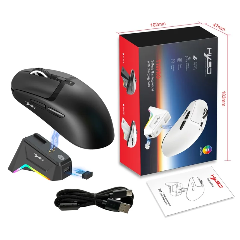 HXSJ T10 Pro Lichtgewicht Draadloze Gaming Muis met 3-modusverbinding / Oplaadstation / Macro Programmeerbare Muis 1KHz 12000DPI - Zwart