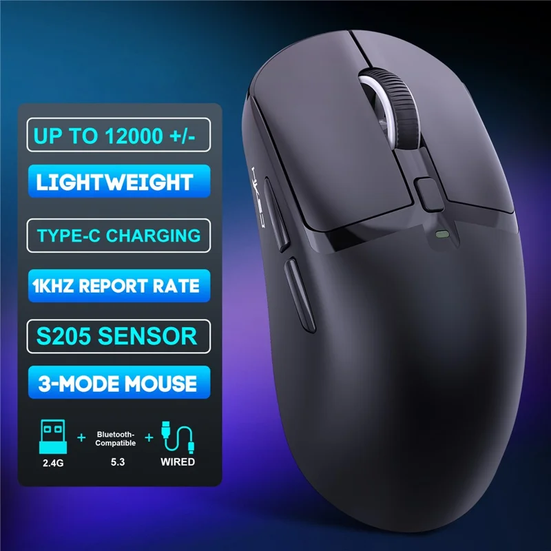 HXSJ T10 Pro Lichtgewicht Draadloze Gaming Muis met 3-modusverbinding / Oplaadstation / Macro Programmeerbare Muis 1KHz 12000DPI - Zwart
