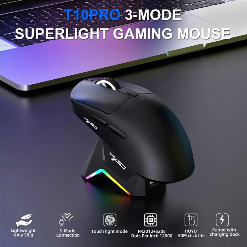 HXSJ T10 Pro Lichtgewicht Draadloze Gaming Muis met 3-modusverbinding / Oplaadstation / Macro Programmeerbare Muis 1KHz 12000DPI - Zwart