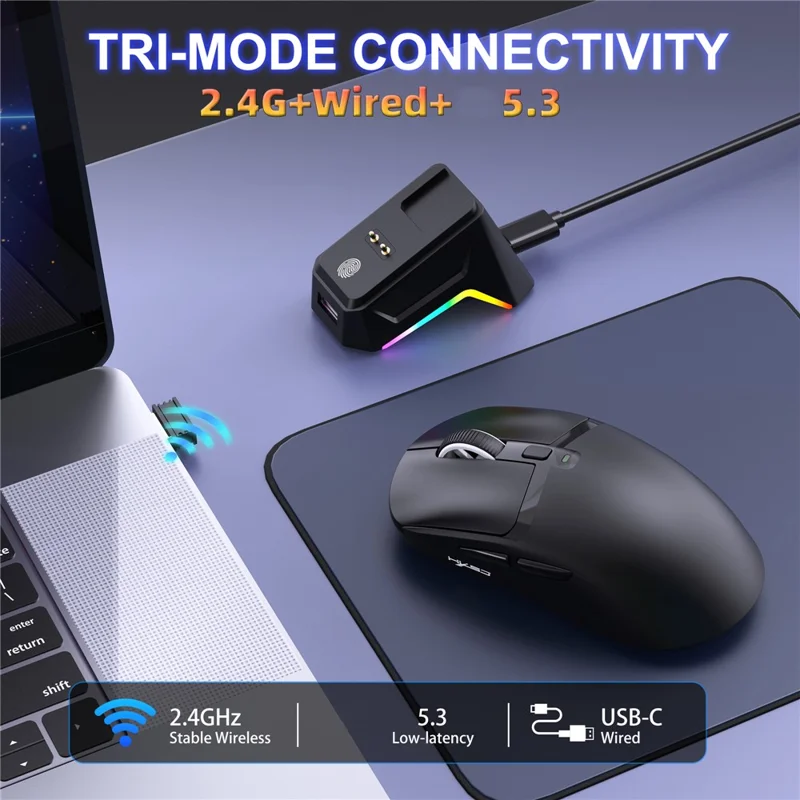 HXSJ T10 Pro Lichtgewicht Draadloze Gaming Muis met 3-modusverbinding / Oplaadstation / Macro Programmeerbare Muis 1KHz 12000DPI - Zwart