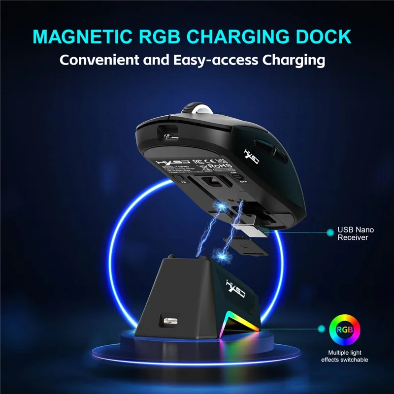 HXSJ T10 Pro Lichtgewicht Draadloze Gaming Muis met 3-modusverbinding / Oplaadstation / Macro Programmeerbare Muis 1KHz 12000DPI - Zwart