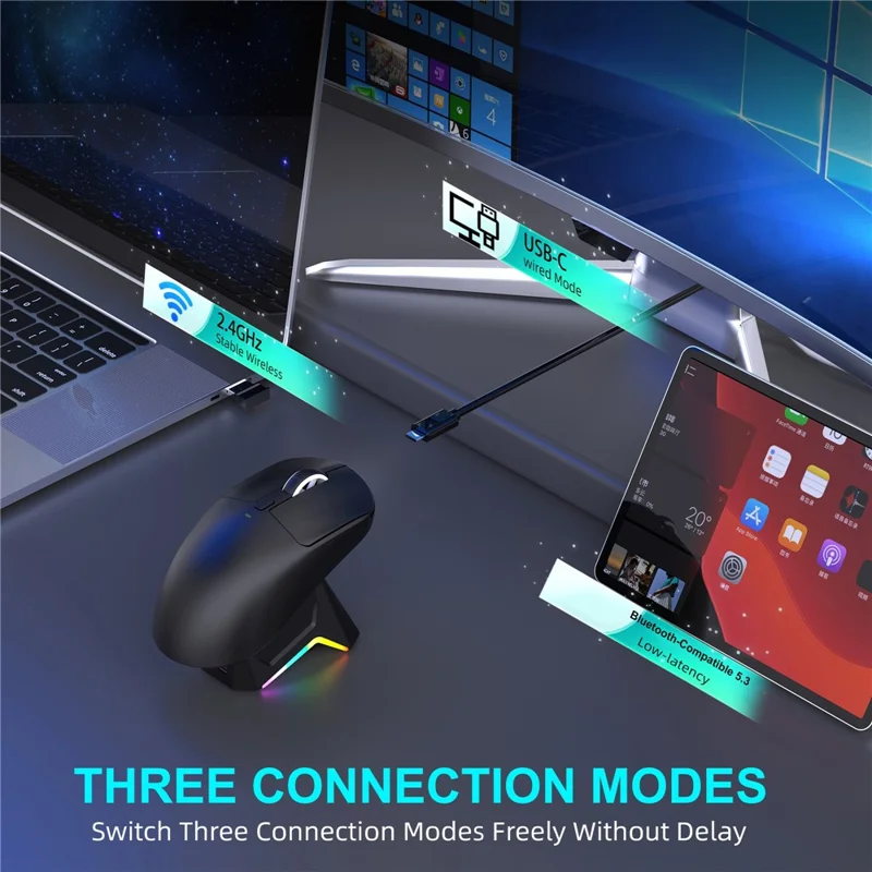 HXSJ T10 Pro Lichtgewicht Draadloze Gaming Muis met 3-modusverbinding / Oplaadstation / Macro Programmeerbare Muis 1KHz 12000DPI - Zwart