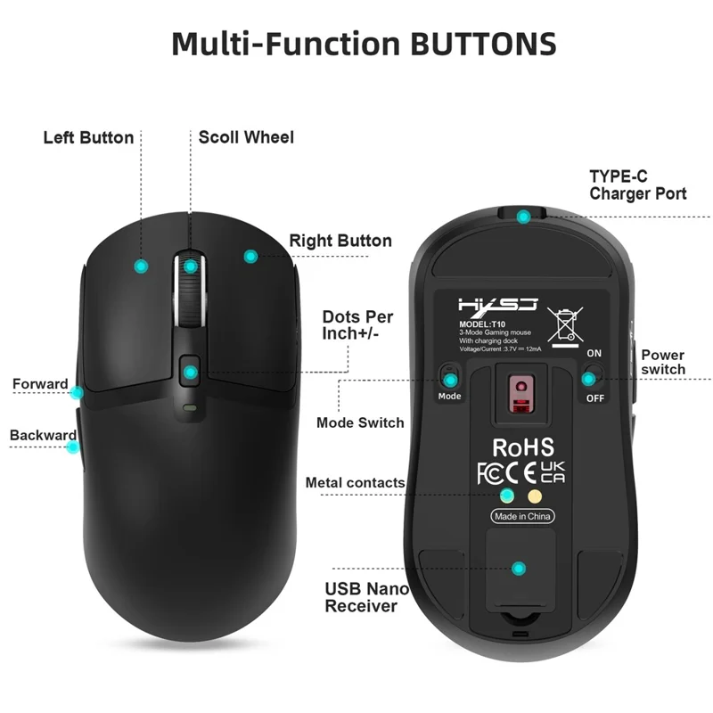 HXSJ T10 Pro Lichtgewicht Draadloze Gaming Muis met 3-modusverbinding / Oplaadstation / Macro Programmeerbare Muis 1KHz 12000DPI - Zwart