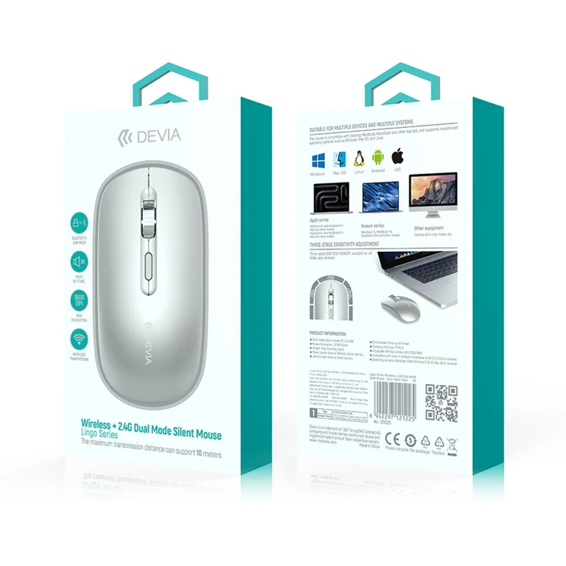 DEVIA Lingo Series Wireless Mouse Bluetooth-compatible / 2.4G Dual Mode 3 DPI Adjustable Silent Mouse - Silver