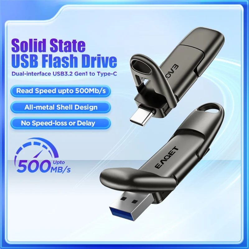 EAGET SU50 512GB Solid State Pen Drive USB 3.2 Gen1 + Type-C 2 in 1 USB Flash Drive voor PC Smartphone Tablet - Zwart