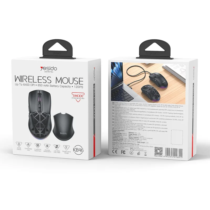 YESIDO KB46 Wireless Gaming Mouse 2.4G / Bluetooth-compatible / USB Wired Mouse with RGB Backlit - Black