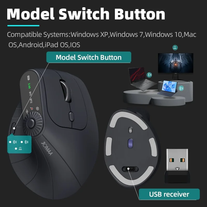 JOMAA JOM001 Wireless Vertical Mouse 2.4G  /  Bluetooth-compatible Tri-mode LED Display Ergonomic Rechargeable Mouse for Office - Black