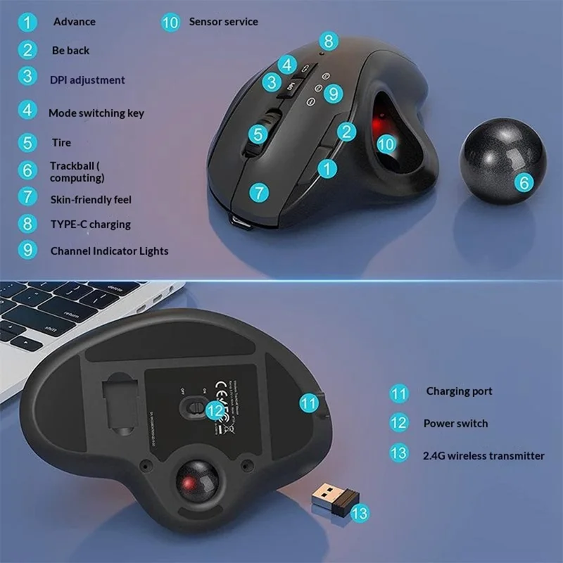 JOMAA JOM255 2.4G Wireless Bluetooth-compatible Dual Mode Trackball Mouse Rechargeable Silent Ergonomic Cordless Mouse