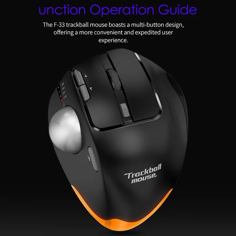 F-33 Trackball Wireless Mouse 2.4G Bluetooth-compatible RGB Ergonomic Rechargeable Cordless Mouse for Gaming Office - Black