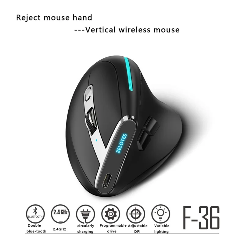 F-36 Wireless Bluetooth-compatible Mouse 2.4G Ergonomic RGB Rechargeable Cordless Gaming Mouse - Black