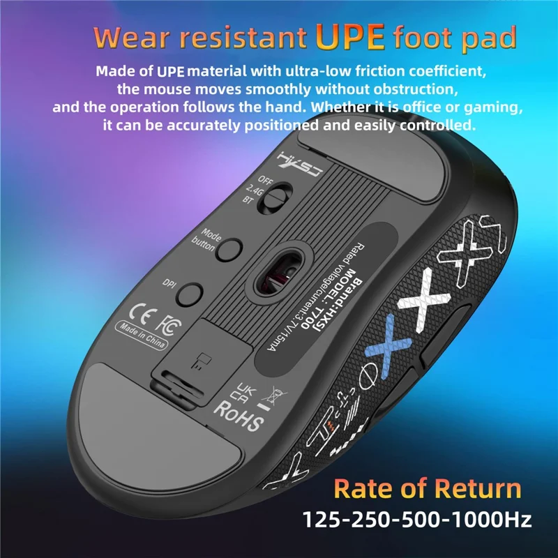 HXSJ T700PRO Rato Gaming Tri-Modo Sem Fios Bluetooth compatível 2.4G Com Fios 10000DPI Rato Programável - Preto