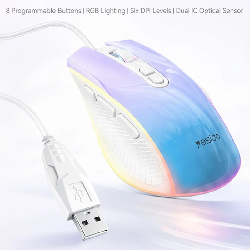 YESIDO KB51 RGB Gradient Wired Gaming Mouse 8 Buttons 7200 DPI Optical Sensor Mouse for PC Gaming - Purple Blue