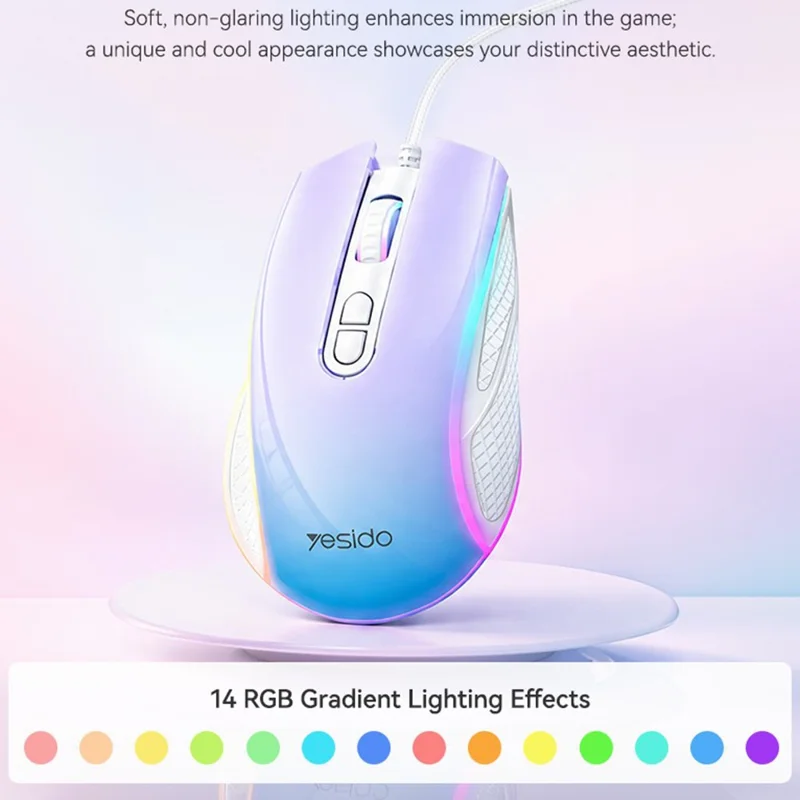 YESIDO KB51 RGB Gradient Wired Gaming Mouse 8 Buttons 7200 DPI Optical Sensor Mouse for PC Gaming - Purple Blue