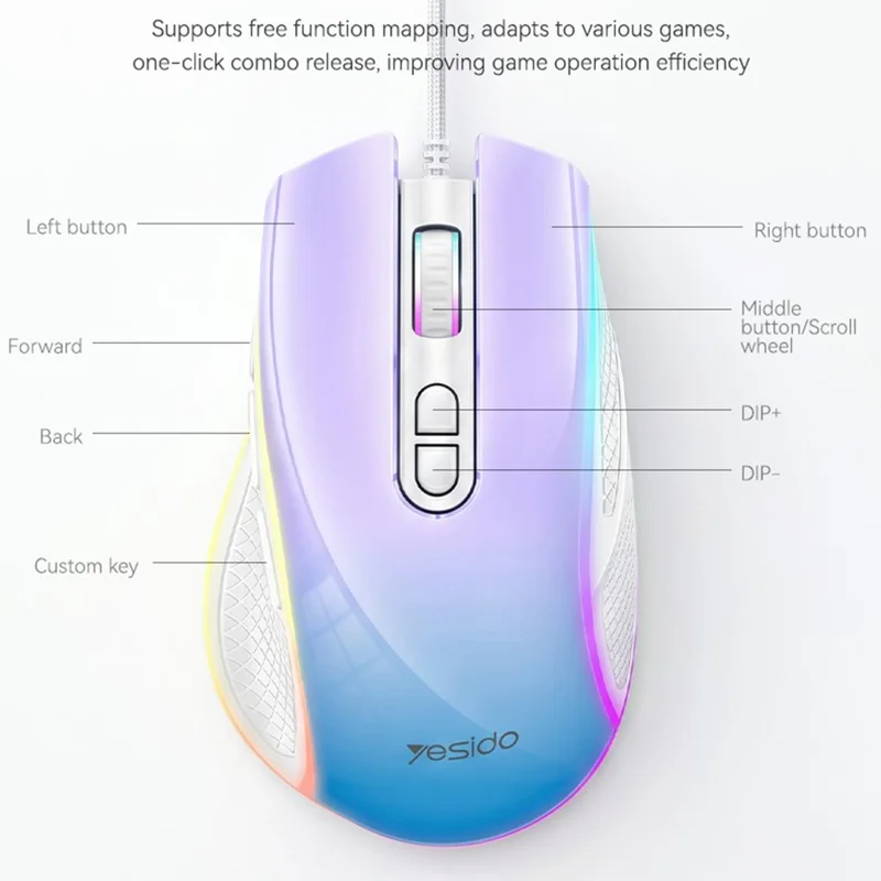 YESIDO KB51 RGB Gradient Wired Gaming Mouse 8 Buttons 7200 DPI Optical Sensor Mouse for PC Gaming - Purple Blue
