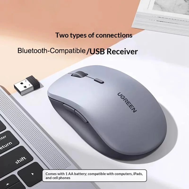 UGREEN MU002 Ergonomic Wireless Mouse Bluetooth-compatible 2.4GHz Dual Mode Silent Click - Grey