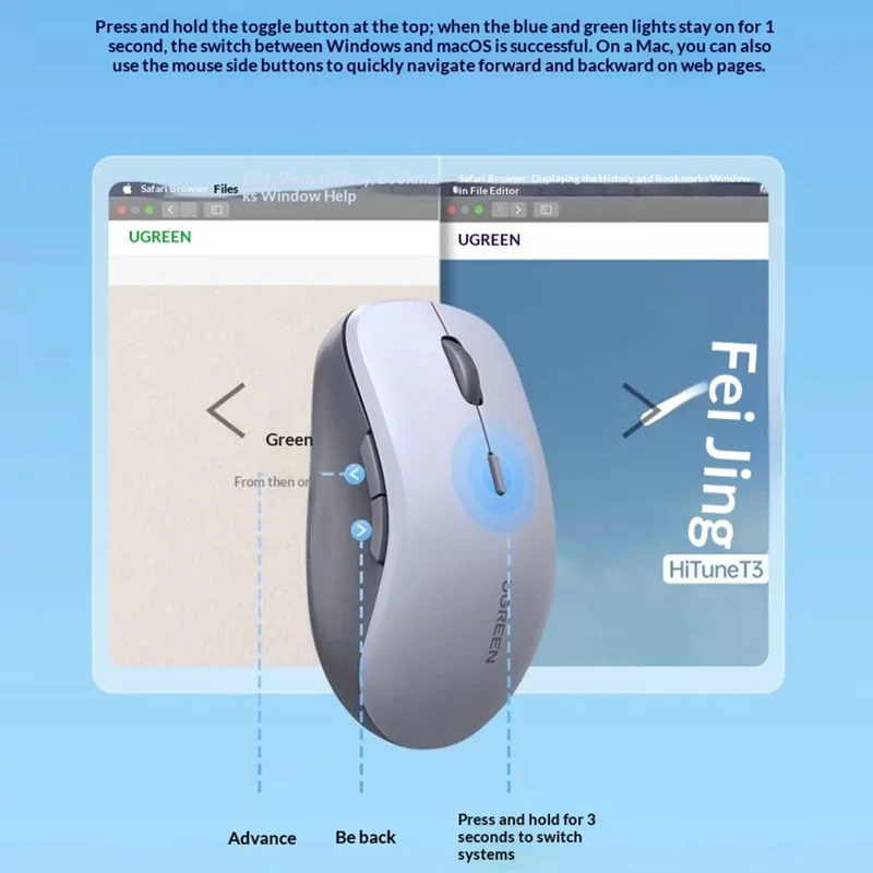 UGREEN MU002 Ergonomic Wireless Mouse Bluetooth-compatible 2.4GHz Dual Mode Silent Click - Grey