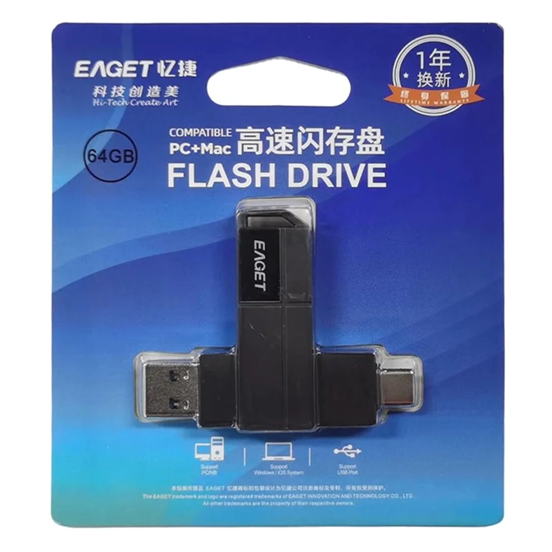 EAGET CF33 32GB USB 3.2 Typ-A + Typ-C 2-in-1-USB-Stick, 360-Grad drehbar, Speicher aus Zinklegierung – Schwarz
