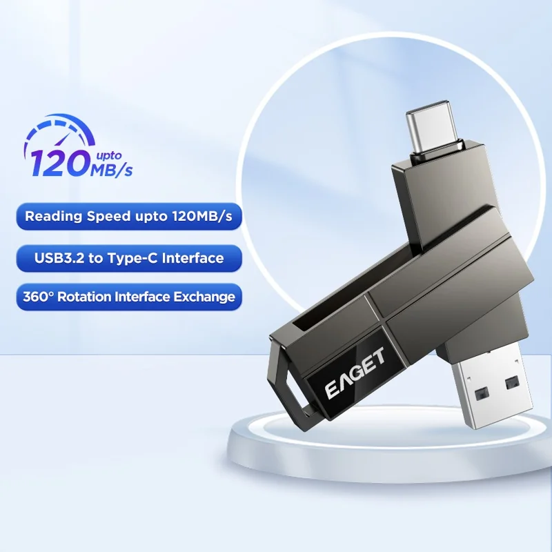 EAGET CF33 32GB USB 3.2 Typ-A + Typ-C 2-in-1-USB-Stick, 360-Grad drehbar, Speicher aus Zinklegierung – Schwarz