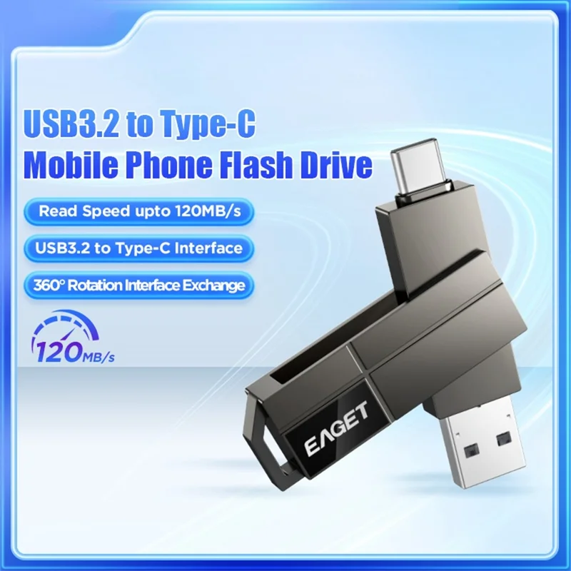 EAGET CF33 128GB USB 3.2 Type-A + Type-C 2 in 1 Flash Drive 360 Degree Rotatable Zinc Alloy Storage Disk - Black