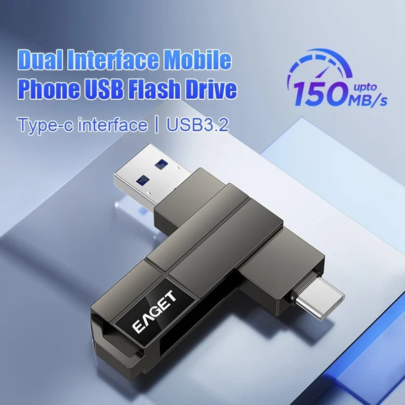 EAGET CF33 128GB USB 3.2 Type-A + Type-C 2 in 1 Flash Drive 360 Degree Rotatable Zinc Alloy Storage Disk - Black