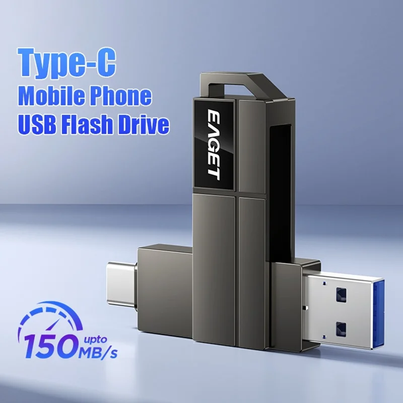 EAGET CF33 128GB USB 3.2 Type-A + Type-C 2 in 1 Flash Drive 360 Degree Rotatable Zinc Alloy Storage Disk - Black