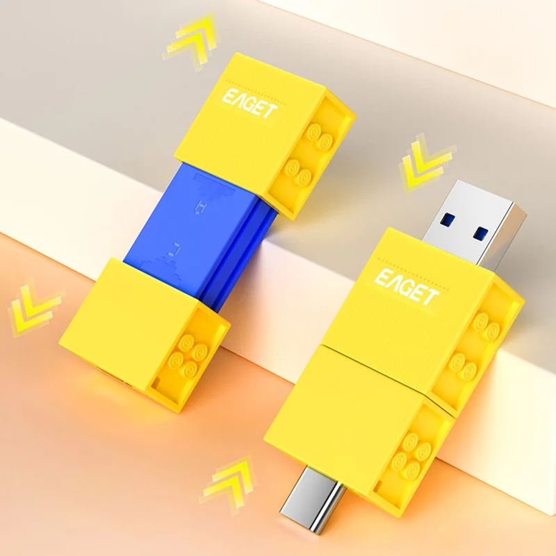 EAGET CF50 256GB Dual-Port Flash Drive Sliding Design USB 3.2 Type-A + Type-C High Speed Memory Stick - Blue+Yellow