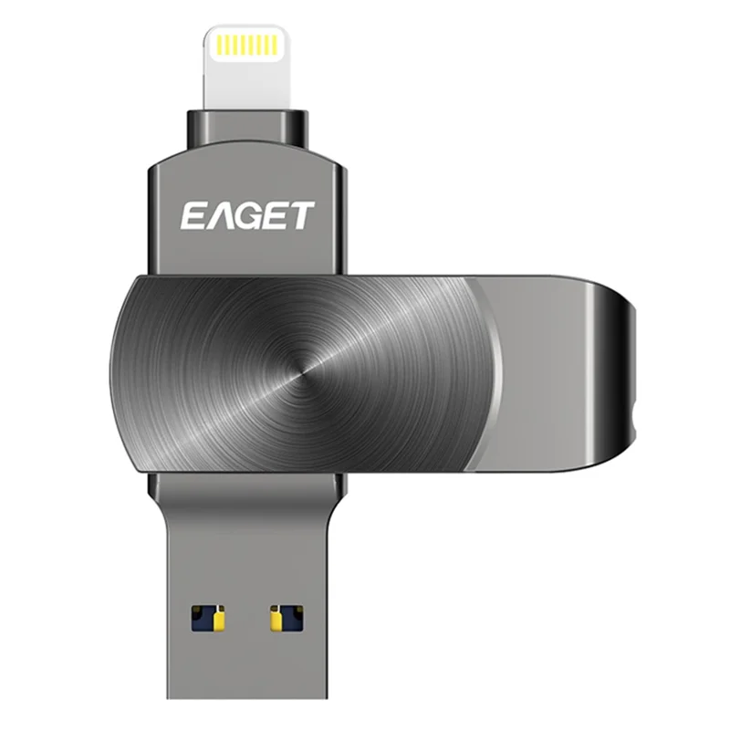 EAGET I66 64GB U Disk MFI Certificated Lightning + USB 3.2 Metal Rotating Flash Drive for iPhone iPad Mac - Black